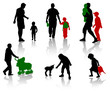 The isolated silhouettes of parents with children.