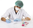 scientist man writing in notebook isolated on white background
