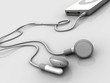Music player with headphones on reflection background