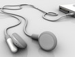 Music player with headphones in detail on reflection background