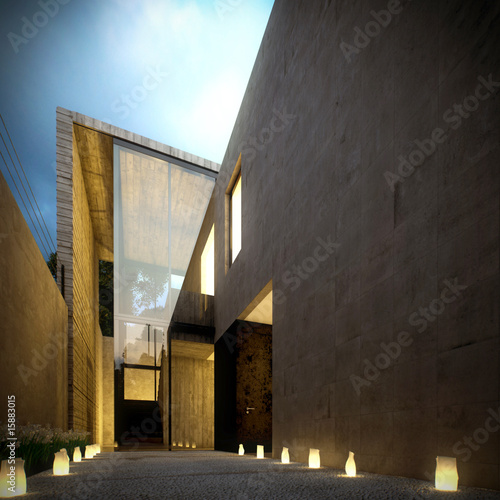 Illustration: Modern concrete minimalist villa at dusk Modern concrete minimalist villa at dusk
