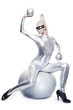 Beautiful cyber woman sitting on a silver ball