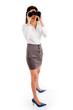 side pose of woman looking through binocular side pose of woman looking through binocular