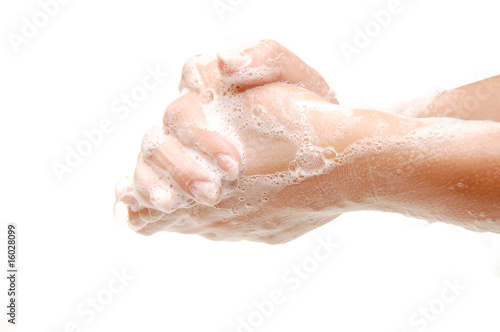Photo: Female hands in soapsuds isolated on white Female hands in soapsuds isolated on white