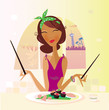 Girl with sushi in attractive japanese restaurant. VECTOR.