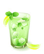 glass with drink, lemon, ice and leaves of mint