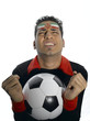 Man with Iranian flag painted on face holding soccer ball