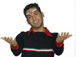Young man with Iranian flag painted on face holding hands out