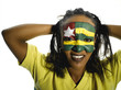 Woman with Togo flag painted on face, close-up, portrait