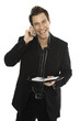 Young man using phone, holding schedule