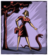 Eva holding snake on leash