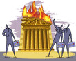 Illustration, New York Stock Exchange building bursting into flames, stockbrokers watching the scene