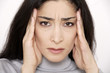 Young woman head on head, portrait