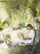 Woman using laptop in garden