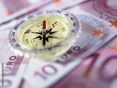 Photo: Close up of compass on 10 euro notes Close up of compass on 10 euro notes