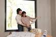 couple looks at plans