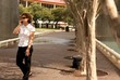 Downtown park woman on cell