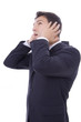 business man whith a toothache over white background