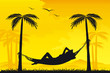Woman relaxing in a hammock on tropical background