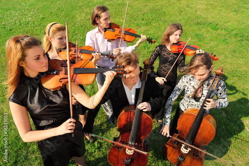 Foto: Group of violinists play standing on grass Group of violinists play standing on grass