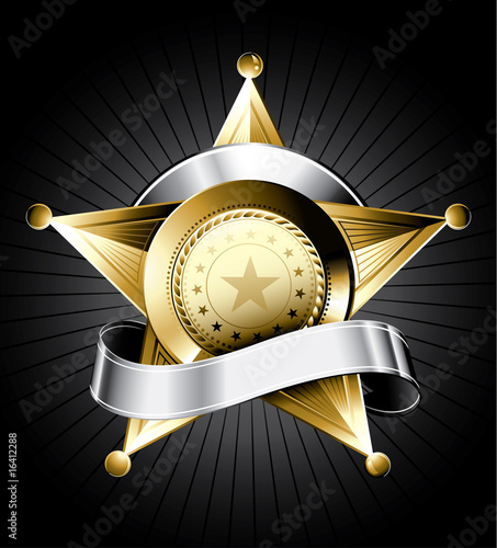 Vector: Golden sheriff badge design with a silver ribbon for text Golden sheriff badge design with a silver ribbon for text