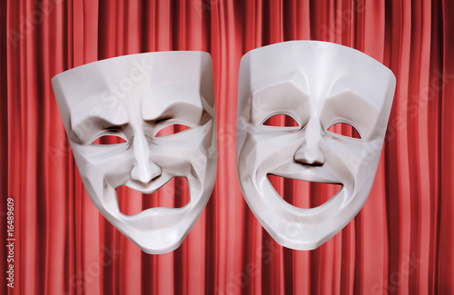 Illustration: Comedy and tragedy grotesque theater masks. 3D rendered image Comedy and tragedy grotesque theater masks. 3D rendered image