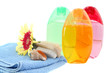 set  shower gel,  towel and flower isolated.