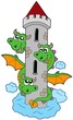 Three headed dragon with tower