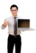 Asian male with laptop and thumbs up