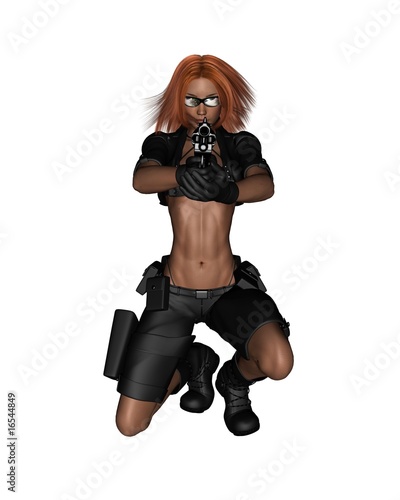 Illustration: Female Bounty Hunter - kneeling shot Female Bounty Hunter - kneeling shot