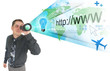 Business Man Searching on Projected Internet Business Man Searching on Projected Internet