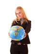 Photo: Happy girl with globe on white Happy girl with globe on white