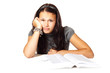 Young bored woman studying isolated on white background