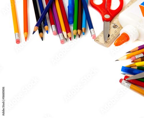 school supplies background. Assorted school supplies on a
