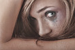 Woman in underwear crying - violence concept