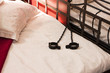 A metal bed with  handcuffs