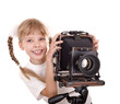 Child with old large format digital camera. Child with old large format digital camera.