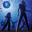 Vector background with people dancing in night-club, disco-ball