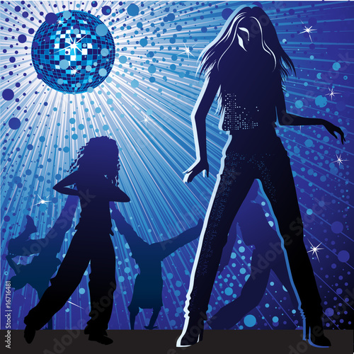Vector background with people dancing in night-club, disco-ball