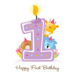 Vector: Happy First Birthday Candle and Animals Isolated on white Happy First Birthday Candle and Animals Isolated on white