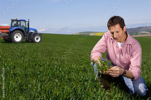 Foto: Farmer examining young wheat crop with fertilizing tractor in background Farmer examining young wheat crop with fertilizing tractor in background