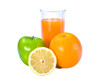 fruits and  glass of fresh juice ion a white background