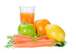 fruits and carrot with glass of fresh juice