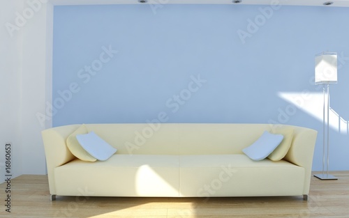 Illustration: White leather Couch to face a blank blue wall - with cushions White leather Couch to face a blank blue wall - with cushions