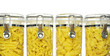 Various shapes of pasta in jars