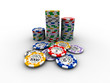 Pokerchips-Stapel und -Haufen auf weißem Untergrund Pokerchips-Stapel und -Haufen auf weißem Untergrund