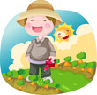 young boy watering carrots