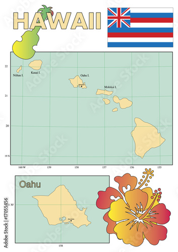 Vector: Map of Hawaii with flag of state. Map of Hawaii with flag of state.