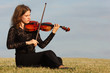 girl sits on grass and plays violin against sky girl sits on grass and plays violin against sky