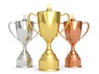 Golden, silver and bronze trophy cups on white Golden, silver and bronze trophy cups on white